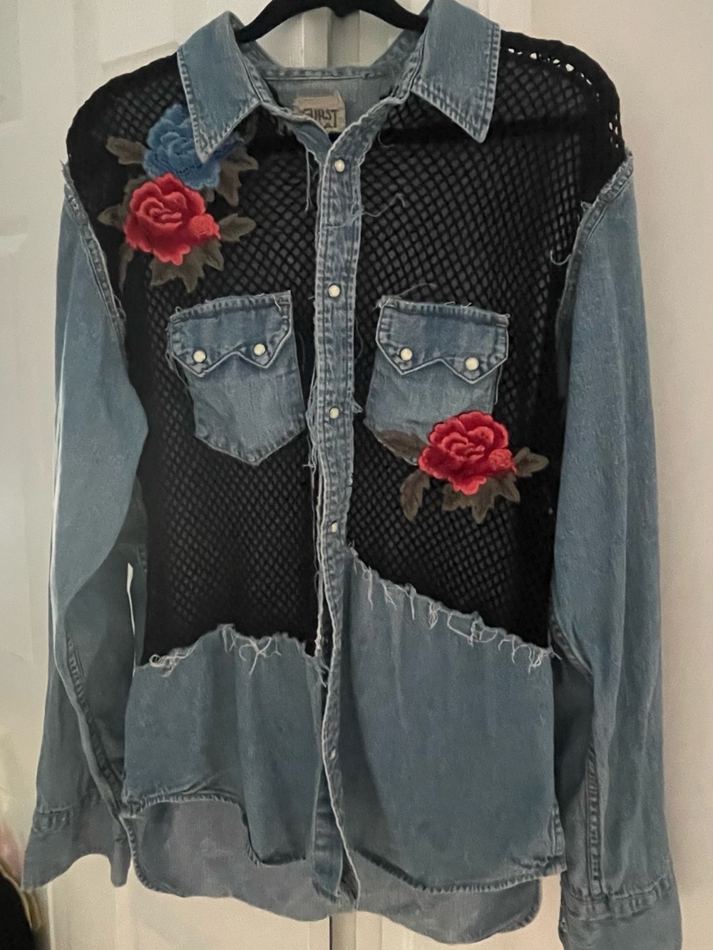 Furst of a Kind LF Denim Jeans Shirt Top Black Mesh and Red Roses Appliqués